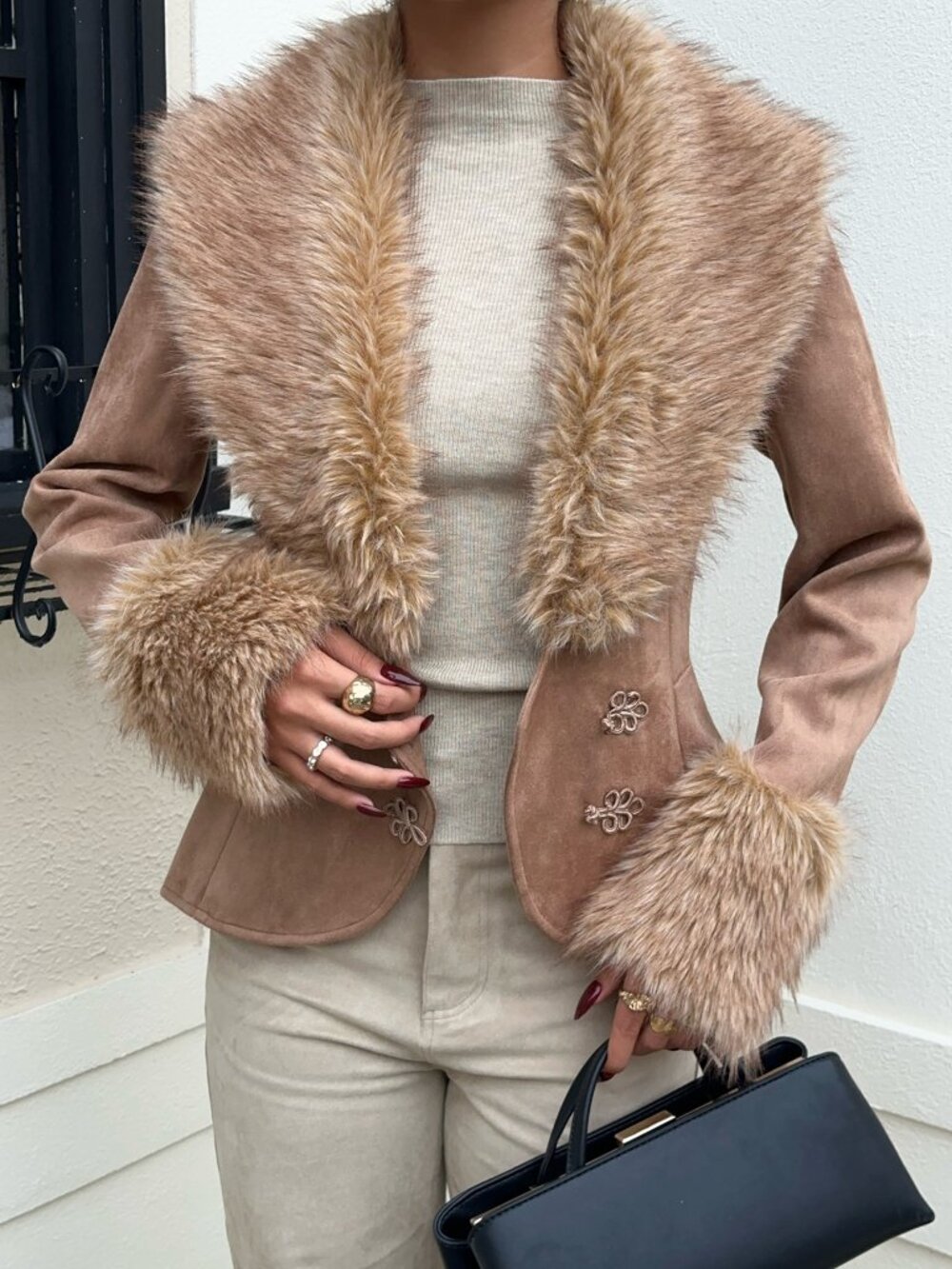 Brown Party Women's Faux Fur Patchwork Jacket With Frog Buttons